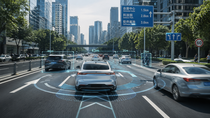 Straßenszene in einer chinesischen Stadt mit modernen Fahrzeugen, die autonom im Verkehr unterwegs sind