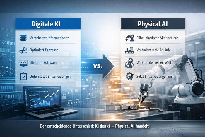 Vergleich zwischen digitaler KI und Physical AI mit Fokus auf Analyse versus physische Handlung