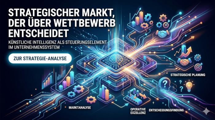 Visualisierung eines Unternehmenssystems, in dem KI zentrale Prozesse steuert und verbindet