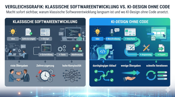 Vergleich zwischen klassischer Softwareentwicklung mit vielen Zwischenschritten und KI-Design ohne Code mit direktem Ablauf von Idee zu Interface