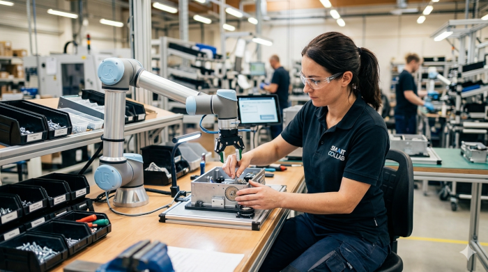 Ein Mitarbeiter arbeitet direkt neben einem Roboterarm an einer Produktionsstation