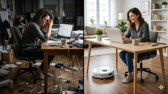 Ein Solopreneur arbeitet gestresst in einem unordentlichen Raum, während auf der anderen Seite ein Saugroboter für ein sauberes Umfeld sorgt