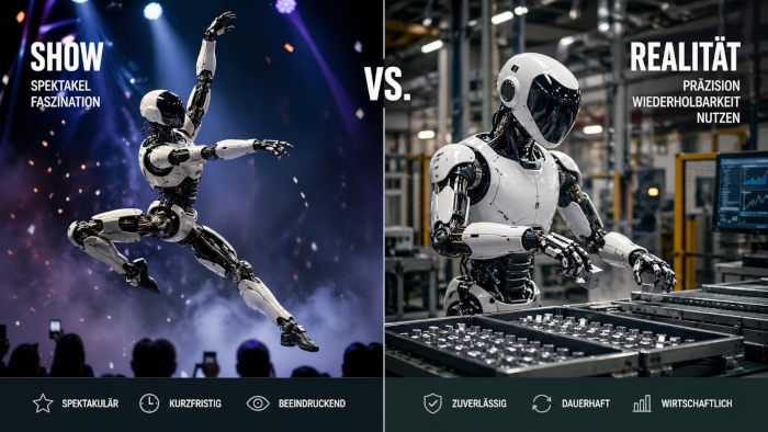 Ein humanoider Roboter wird links bei einer spektakulären Bewegung gezeigt und rechts bei der präzisen Arbeit mit Bauteilen in einer industriellen Umgebung