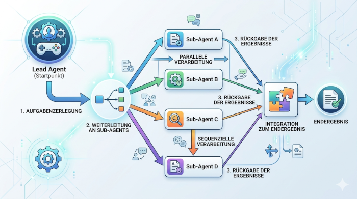 Diagramm zur Sub-Agent Architektur mit Lead Agent, Aufgabenzerlegung, Sub-Agents und Integration der Ergebnisse