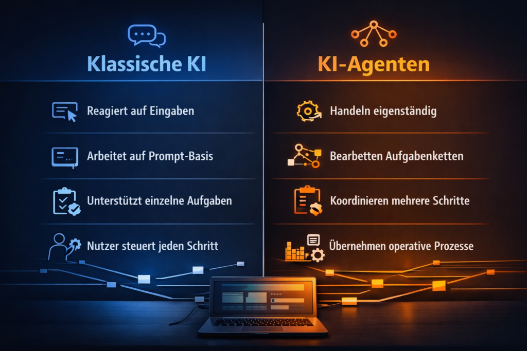 Vergleich zwischen klassischer KI und KI-Agenten im Business mit Fokus auf Arbeitsweise und Automatisierung