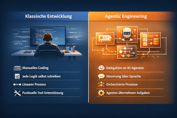 Vergleich zwischen klassischer Softwareentwicklung und Agentic Engineering mit Fokus auf manuelles Coding versus delegierte Agentenarbeit