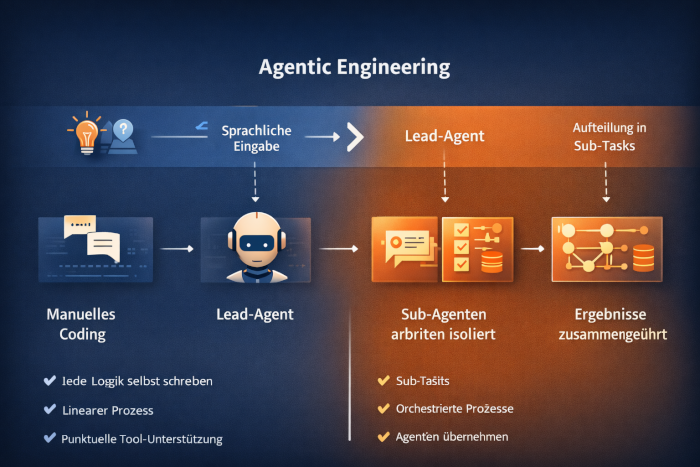 Prozessdiagramm von Agentic Engineering mit Aufteilung von Aufgaben auf mehrere KI-Agenten und anschließender Zusammenführung