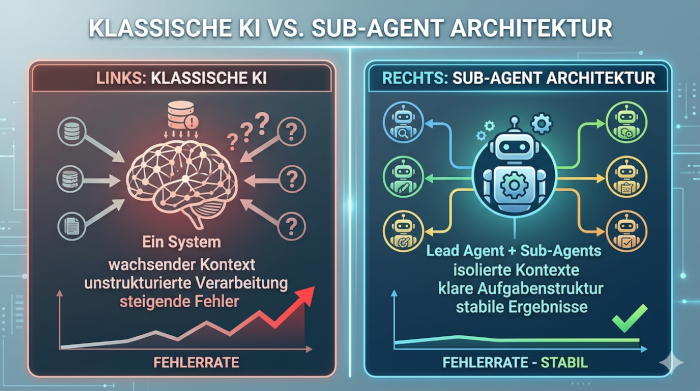 Vergleich zwischen klassischer KI mit wachsendem Kontext und Sub-Agent Architektur mit klarer Aufgabenverteilung