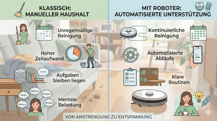 Gegenüberstellung von manuellem Haushalt und automatisierter Reinigung durch Haushaltsroboter