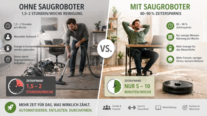 Vergleich der Zeit, die für Reinigung mit und ohne Saugroboter benötigt wird