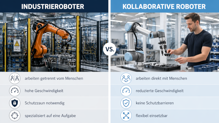 Vergleich zwischen klassischen Industrierobotern und kollaborativen Robotern mit ihren Eigenschaften