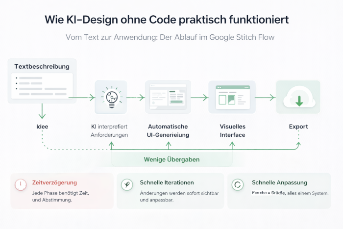 Darstellung des Ablaufs von KI-Design ohne Code von der Beschreibung bis zur fertigen Benutzeroberfläche