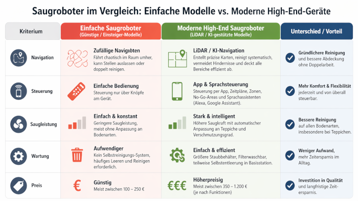 Vergleich von günstigen und Premium-Saugrobotern mit ihren wichtigsten Funktionen