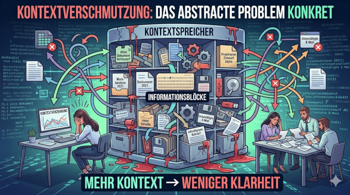 Visualisierung eines KI-Kontexts, in dem sich relevante und irrelevante Informationen vermischen und die Ergebnisqualität verschlechtern