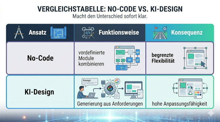 Tabelle mit Vergleich zwischen No-Code Tools und KI-Design basierend auf Funktionsweise und Flexibilität