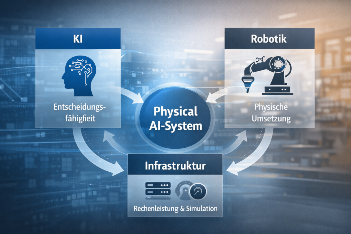 Infografik zeigt Zusammenspiel von KI, Robotik und Infrastruktur als Grundlage von Physical AI