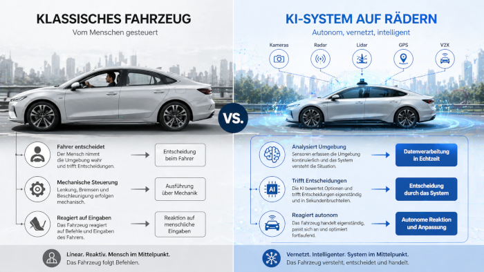Vergleich zwischen klassischem Auto und KI-gesteuertem Fahrzeug mit autonomen Funktionen