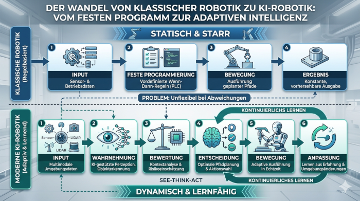 Diagramm zeigt den Unterschied zwischen klassischer Robotik mit festen Abläufen und moderner Robotik mit Entscheidungsprozessen