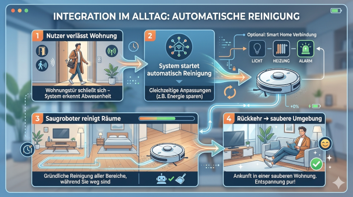 Ablaufdiagramm zeigt, wie ein Saugroboter automatisch den Haushalt reinigt, während der Nutzer abwesend ist