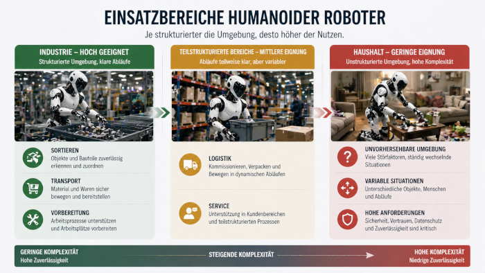 Infografik zeigt Einsatzbereiche humanoider Roboter von Industrie bis Haushalt mit steigender Komplexität