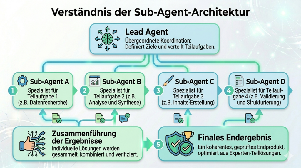 Darstellung einer Sub-Agent-Architektur mit zentralem Agenten und mehreren spezialisierten Teilagenten