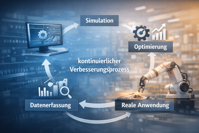 Kreislaufdiagramm zeigt Verbindung zwischen Simulation und realer Anwendung in Physical AI