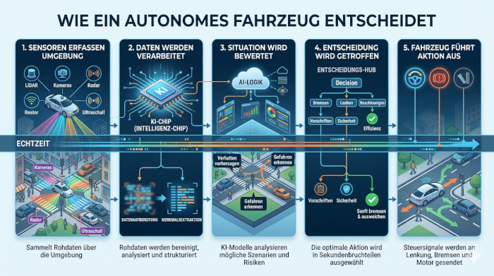 Diagramm, das zeigt, wie ein autonomes Fahrzeug Daten verarbeitet und Entscheidungen trifft