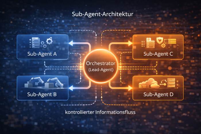 Darstellung einer Sub-Agent-Architektur mit mehreren spezialisierten Einheiten und zentraler Steuerung