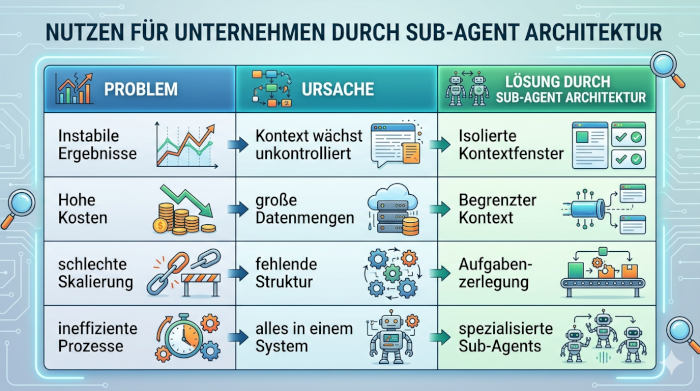 Tabelle mit Problemen klassischer KI und Lösungen durch Sub-Agent Architektur