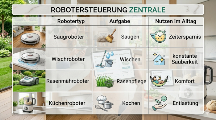 Tabelle mit verschiedenen Haushaltsrobotern und ihren Aufgaben im Alltag