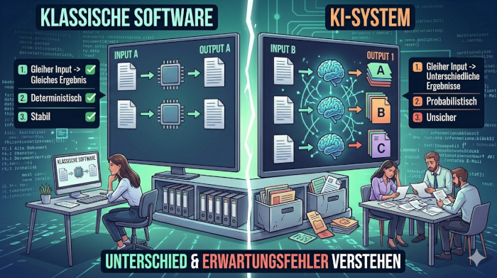 Vergleich zwischen deterministischer Software und probabilistischen KI-Systemen mit unterschiedlichen Ergebnissen bei gleicher Eingabe