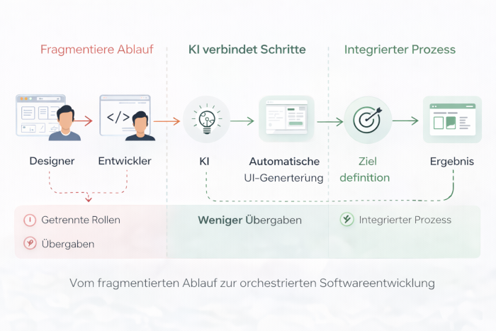 Visualisierung des Übergangs von klassischer Softwareentwicklung mit getrennten Rollen zu einem durch KI orchestrierten Prozess