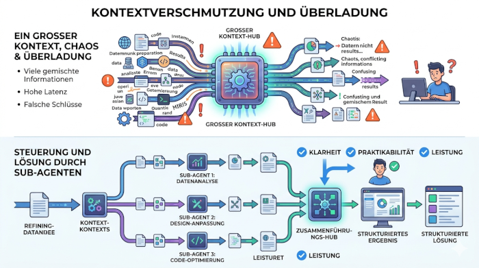 Darstellung von Kontextüberladung in KI-Systemen und der Lösung durch Aufteilung in mehrere Sub-Agenten