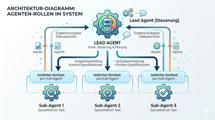 Strukturdiagramm einer Sub-Agent Architektur mit Lead Agent und mehreren Sub-Agents