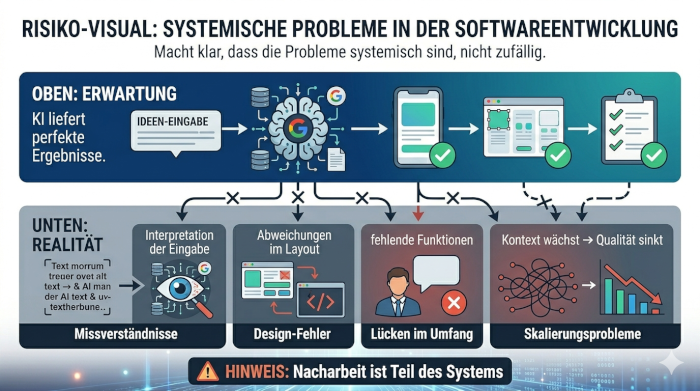 Darstellung typischer Probleme bei KI-Design wie Abweichungen, Kontextprobleme und notwendige Nachbearbeitung