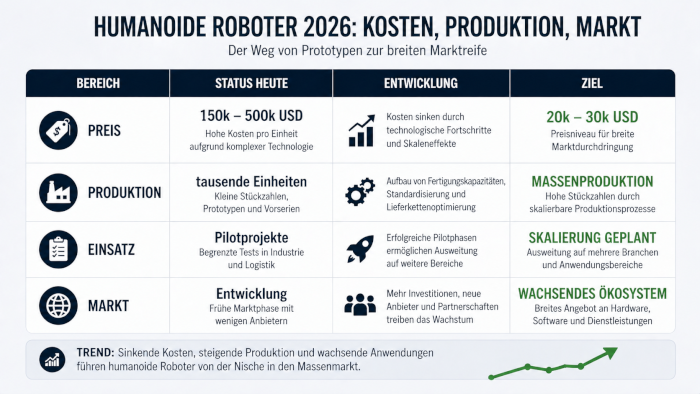 Tabelle zeigt Preisentwicklung und Skalierung humanoider Roboter von Prototypen zur Massenproduktion
