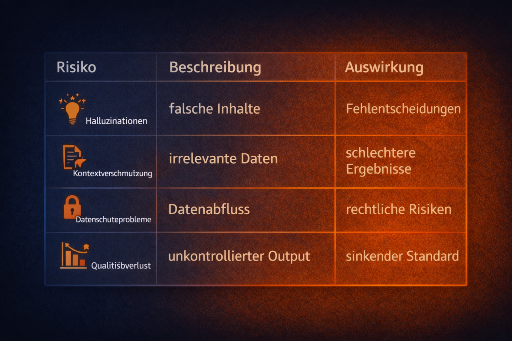 Tabelle mit typischen Risiken von KI-Agenten im Business und deren Auswirkungen auf Unternehmen