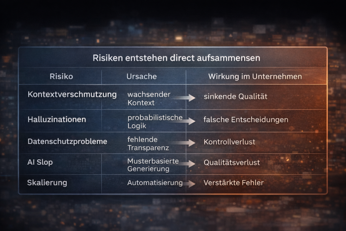 Tabelle mit den wichtigsten Risiken von KI-Tools im Unternehmen sowie deren Ursachen und Auswirkungen
