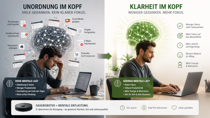 Darstellung eines überladenen und eines klaren Arbeitsumfelds mit Einfluss auf Konzentration