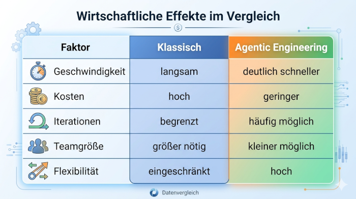 Tabelle mit Vergleich von Geschwindigkeit, Kosten und Produktivität zwischen klassischer Entwicklung und Agentic Engineering