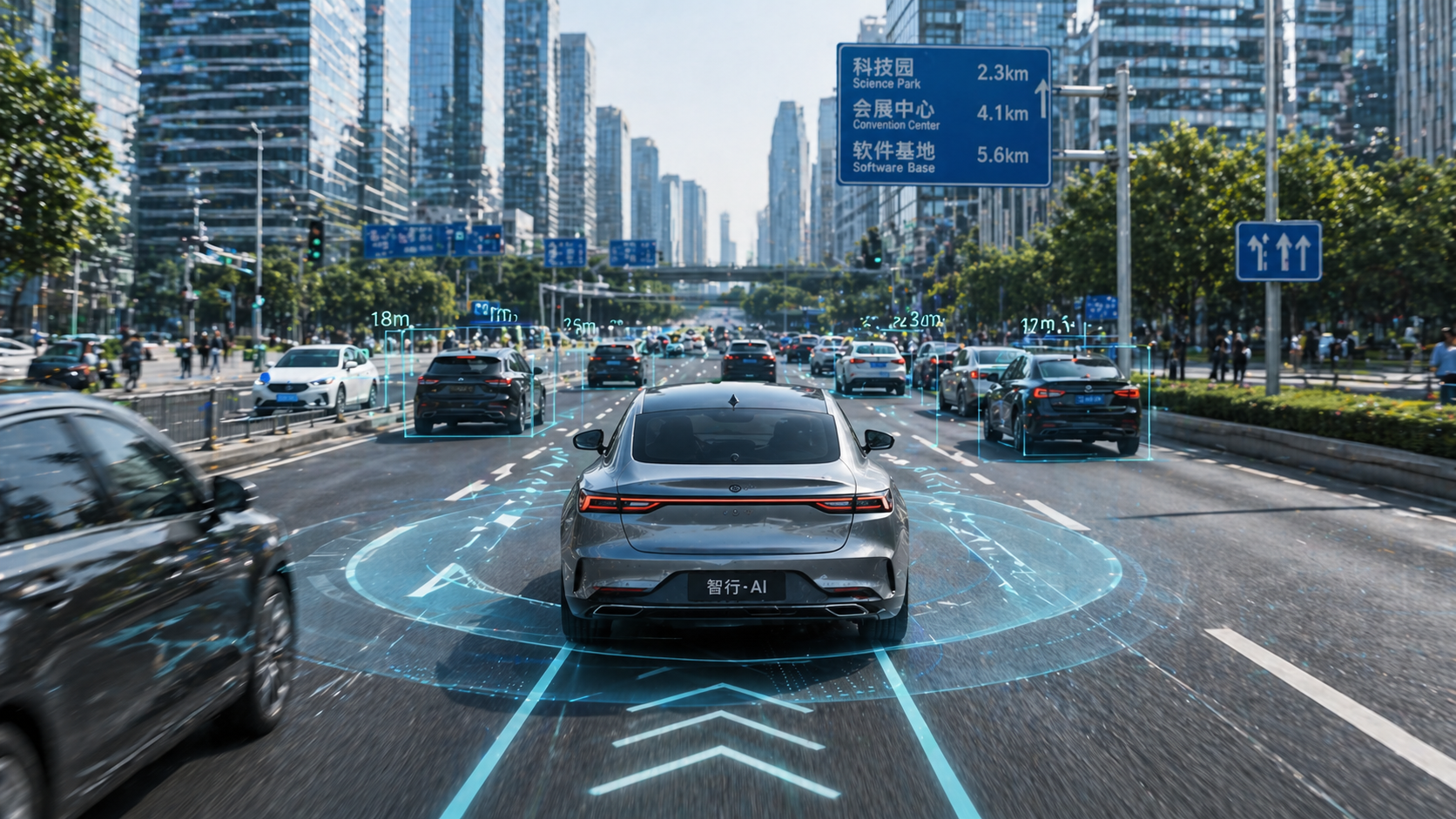 Moderne Straßenszene in einer chinesischen Stadt mit mehreren Fahrzeugen im Verkehr, die autonom fahren und ihre Umgebung digital erfassen
