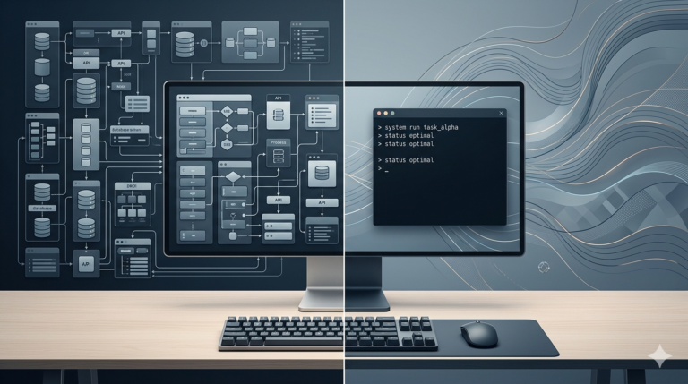 Visualisierung eines Übergangs von komplexen visuellen Workflows mit vielen Einzelschritten zu einer reduzierten Steuerung über eine Kommandozeile mit automatisierter Prozessausführung