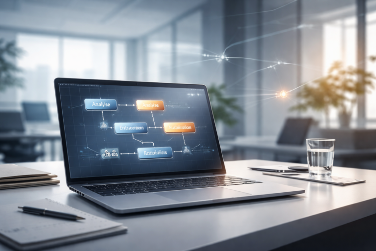 Modernes, menschenleeres Büro mit strukturierten digitalen Prozessen auf einem Bildschirm, die automatisierte Abläufe und systembasierte Arbeit darstellen