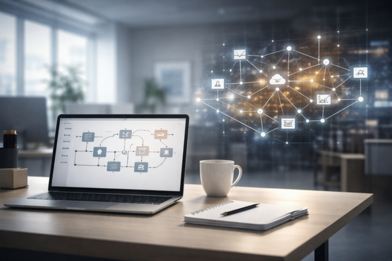 Moderner Arbeitsplatz mit Laptop und visualisiertem Prozessdiagramm, das zunehmende Komplexität und systemische Risiken in KI-gestützten Unternehmensprozessen darstellt