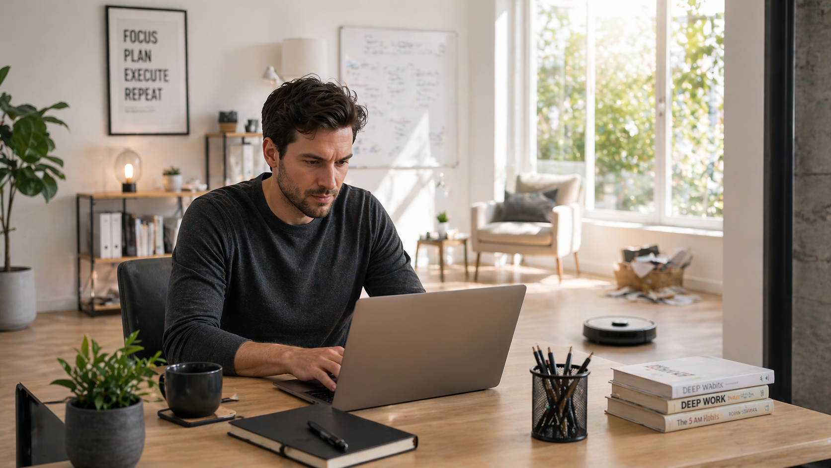 Solopreneur arbeitet konzentriert im Homeoffice, während ein Saugroboter im Hintergrund automatisch den Boden reinigt und für ein sauberes Umfeld sorgt