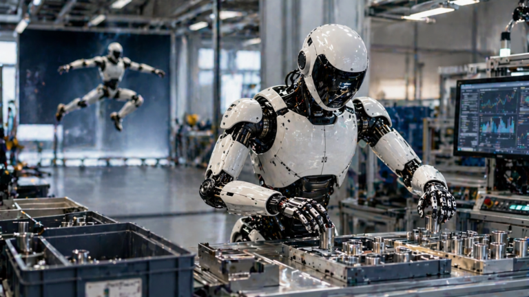 Humanoider Roboter arbeitet präzise in einer modernen Industrieumgebung und sortiert Bauteile, während im Hintergrund eine weniger dominante Demo-Szene angedeutet ist