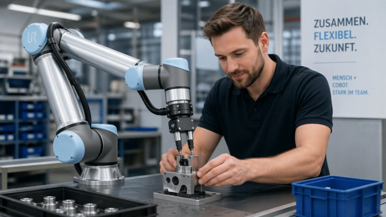 Mitarbeiter arbeitet gemeinsam mit einem Roboterarm an einer modernen Montagestation in einer hellen Produktionsumgebung
