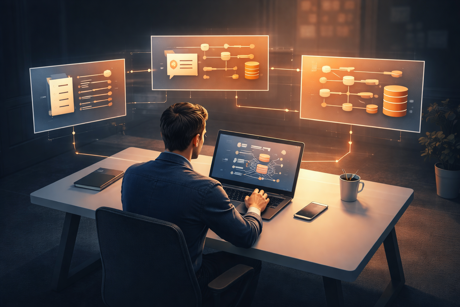 Person an modernem Arbeitsplatz steuert mehrere visuell getrennte digitale Prozesse, die strukturiert miteinander verbunden sind und für orchestrierte Softwareentwicklung stehen