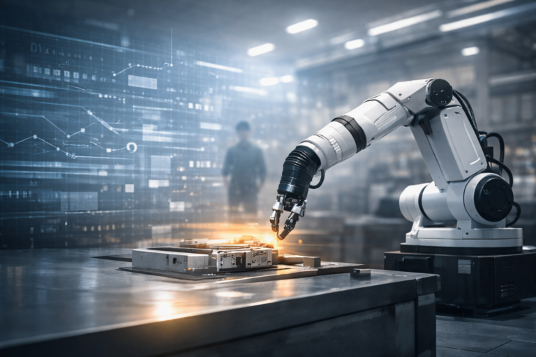 Roboterarm in moderner Produktionsumgebung mit subtiler digitaler Datenvisualisierung, die die Verbindung zwischen KI und physischer Handlung zeigt