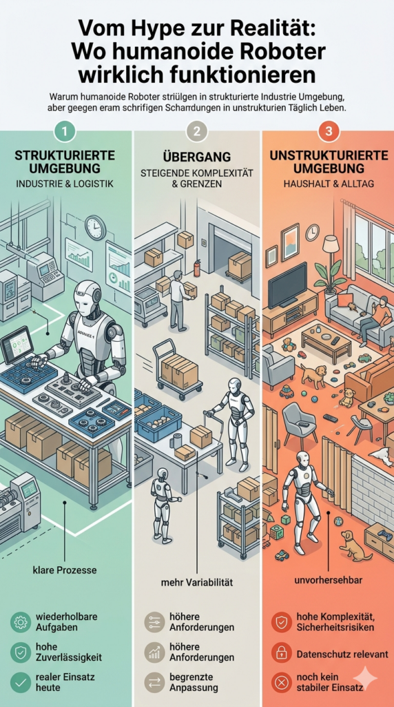 Infografik zeigt Einsatzbereiche humanoider Roboter von strukturierter Industrie bis unvorhersehbarem Haushalt mit steigender Komplexität